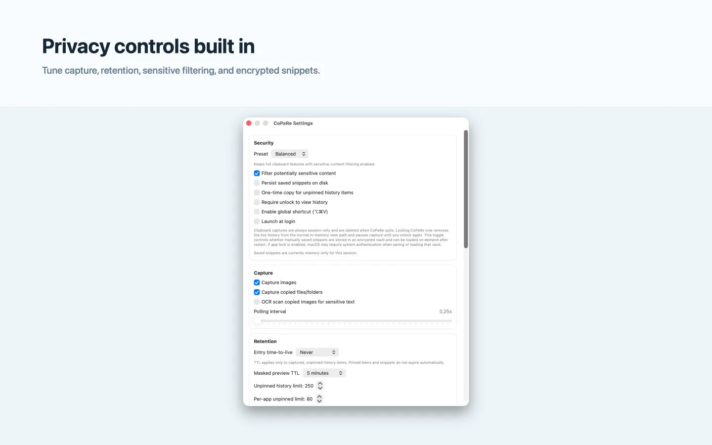 CoPaRe light mode privacy and capture settings